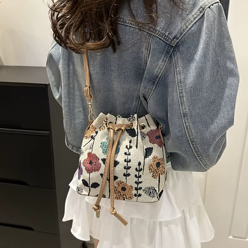 Sac seau à motif floral papillon, style bohème, tendance et polyvalent, adapté aux déplacements quotidiens et aux rassemblements, 1 pièce