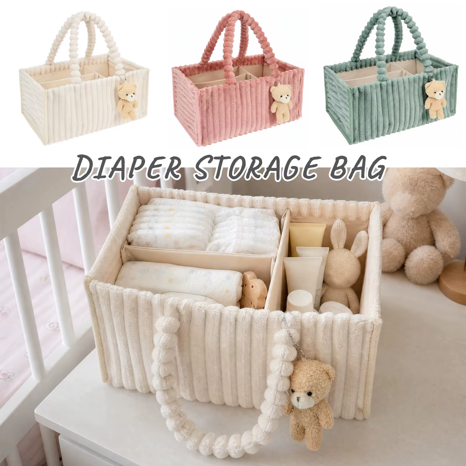 Organisateur de couches pour bébé en velours côtelé, panier de rangement pour couches avec poignée, pliable, multi-poches, organisateur de couches pour nouveau-né
