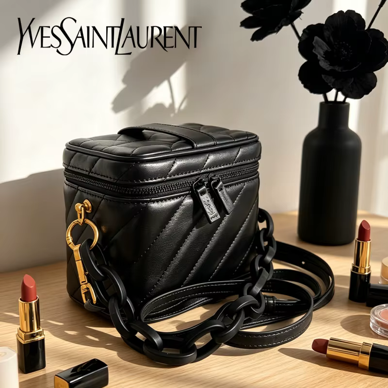 Sac Yves Saint Laurent noir matelassé, mini sac cosmétique YSL avec miroir intégré, pochette de maquillage multifonction avec accessoires détachables DIY