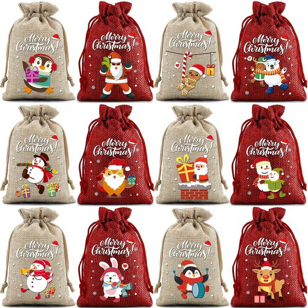 Sacs cadeaux de noël avec cordon de serrage, 12 pièces, sacs en lin pour calendrier de l'avent, sac en tissu, pochette pour biscuits et bonbons