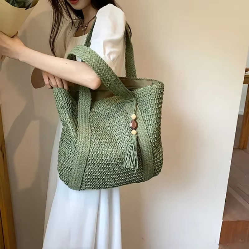 Elegant Ladies Straw Woven Handbag Women Holiday Beach Commute Casual Tote Top-Handle Bags Fashion Retro Shoulder