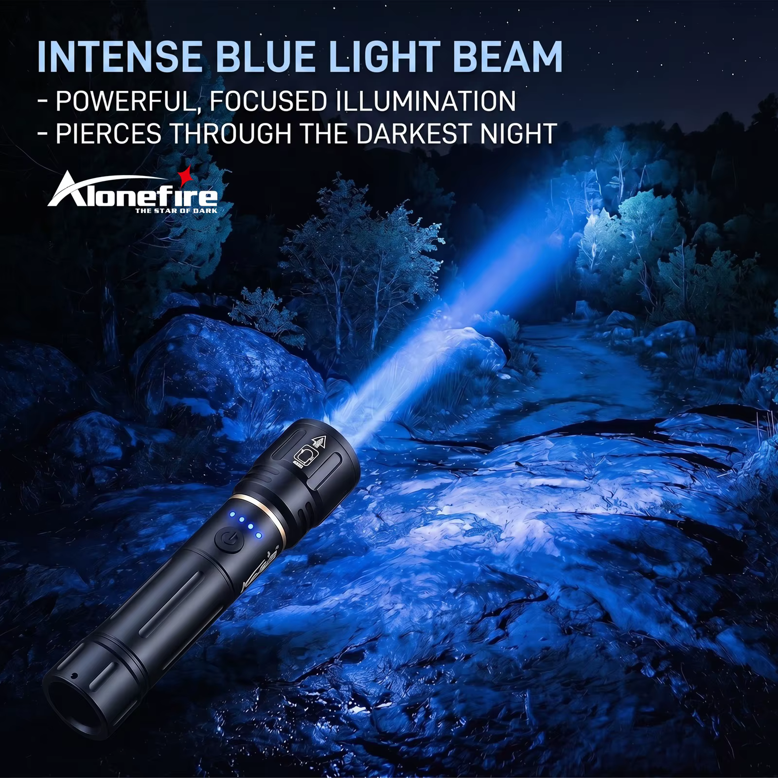 Lampe torche LED Alonefire Zoom haute puissance à lumière bleue, rechargeable par USB, en aluminium, pour le camping, la randonnée, la chasse, la pêche