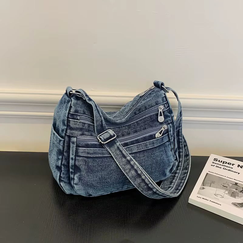 Denim couleur unie fermeture éclair fourre-tout décontracté 2025 hiver nouveaux sacs polyvalents haute capacité