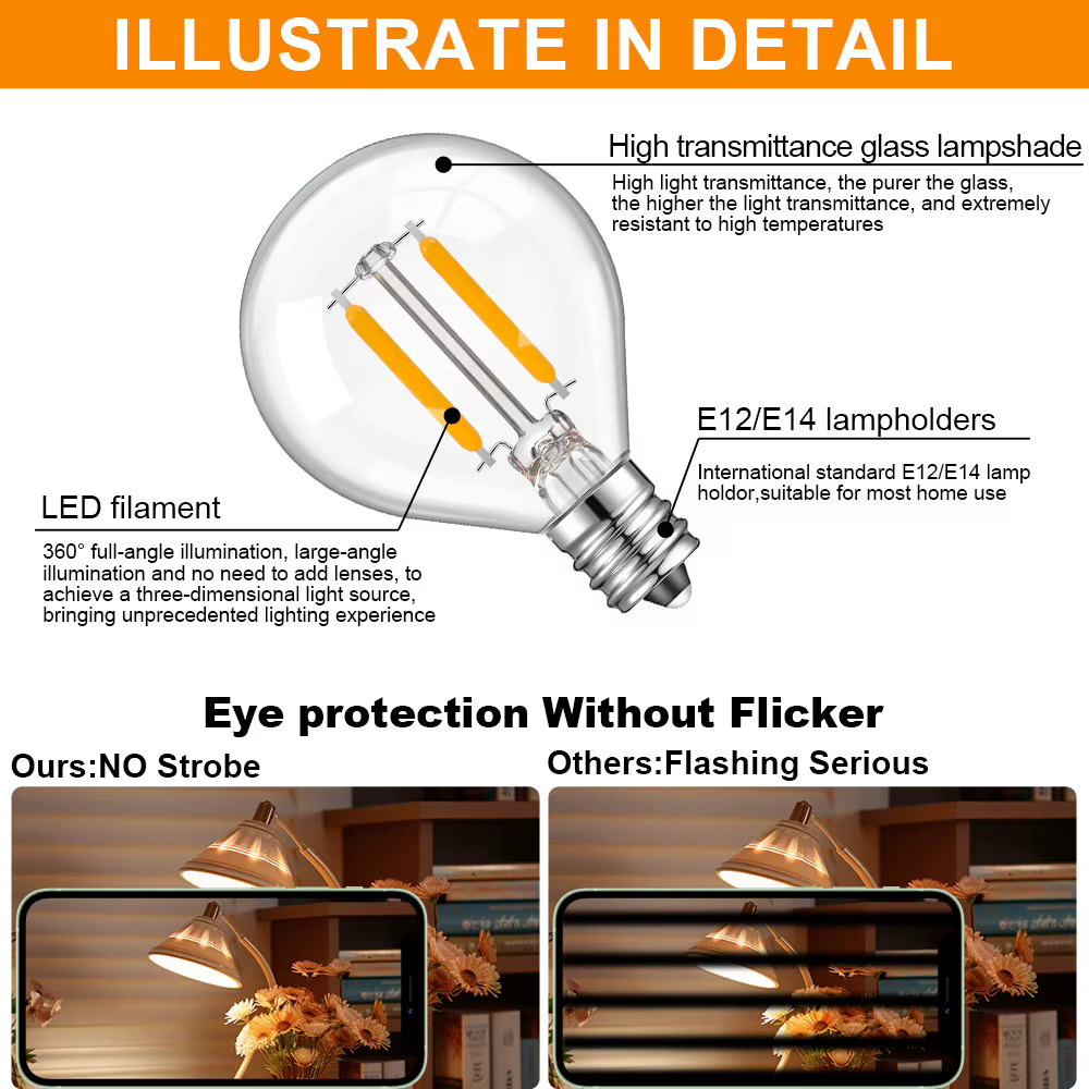 Ampoules de remplacement LED Globe en verre transparent E12 E14, ampoules Globe Edison pour intérieur et extérieur 1.5W 110V 220V 230V, lampes blanches chaudes
