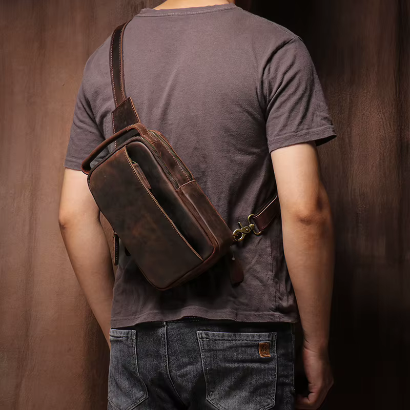Sac de poitrine en cuir véritable pour homme
