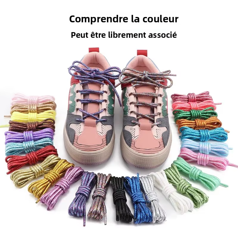 Lacets ronds métalliques scintillants or et argent, lacets de chaussures en soie brillante pour le sport et les loisirs, lacets colorés dégradés arc-en-ciel