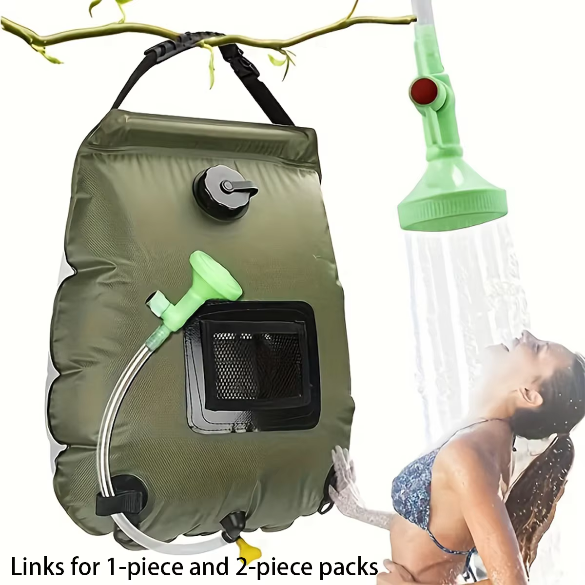 Sac de douche de camping 1/2 pièces - Sac de douche extérieur, sac à eau, tuyau détachable et pomme de douche interchangeable.
