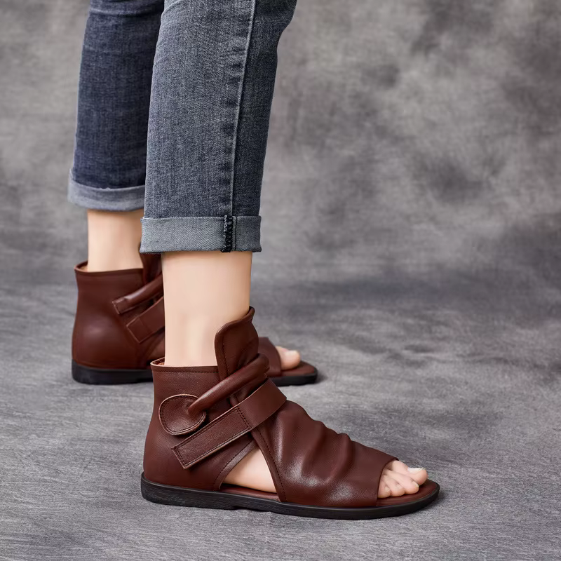 GKTINOO 2026 – Nouvelles sandales d'été en cuir véritable pour femme, bottes plates faites à la main, talons plats, en cuir de vachette, bout ouvert, fermeture éclair