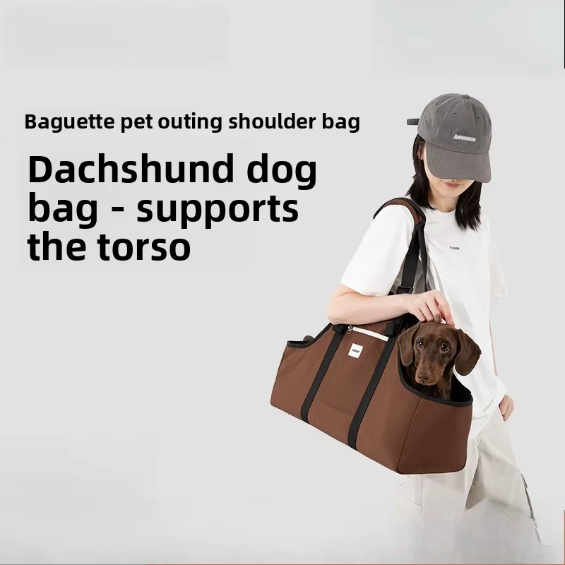 Sac à bandoulière pour animaux de compagnie pour chiens à corps long (Dachshund), longueur étendue de 56 cm, coussin de soutien ergonomique, entrée basse en forme de U, transport 3 directions