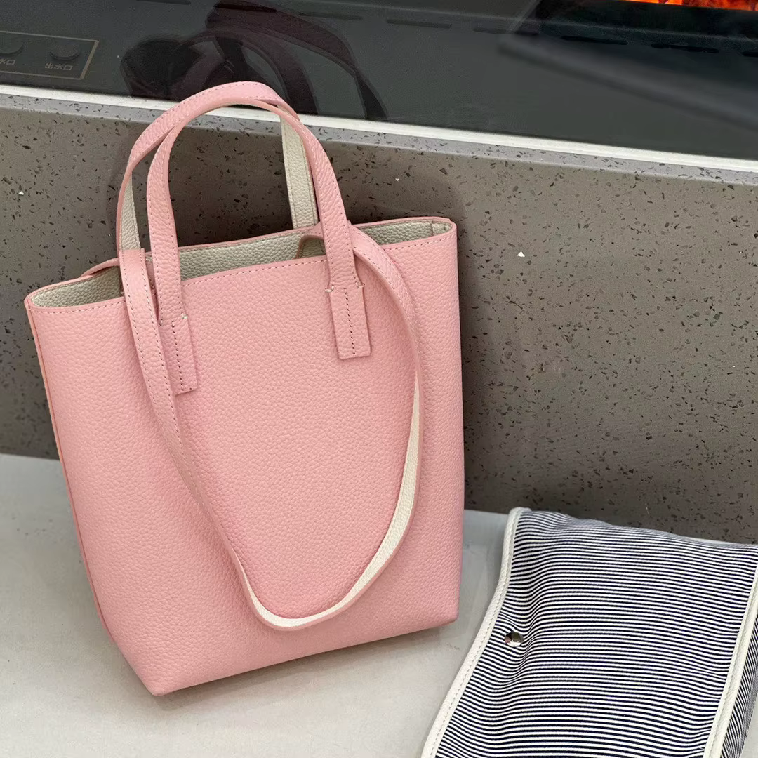 Sac Cuir Véritable Texture Lychee Main Tote Femme Peau Vache Couche Supérieure Doublure Contraste Couture Blanche Usage Quotidien Décontracté Élégant Moderne Minimaliste Mode Tendance 2025 Nouvelle Me