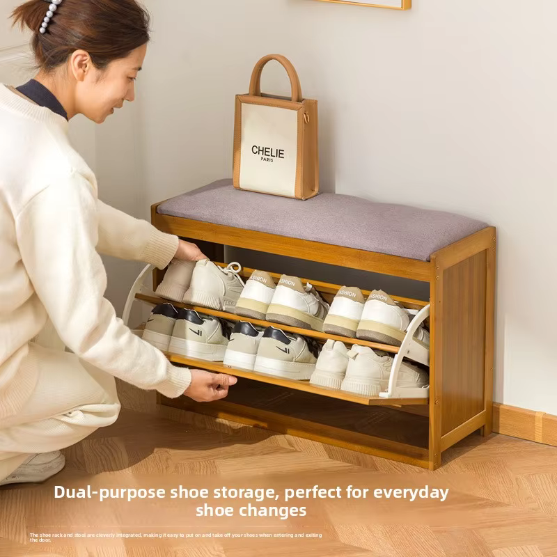 Meuble à chaussures domestique de 50-70 cm de long, tabouret à chaussures en bambou et en bois à rabat, tabouret long, tabouret rétro pour enfiler les chaussures