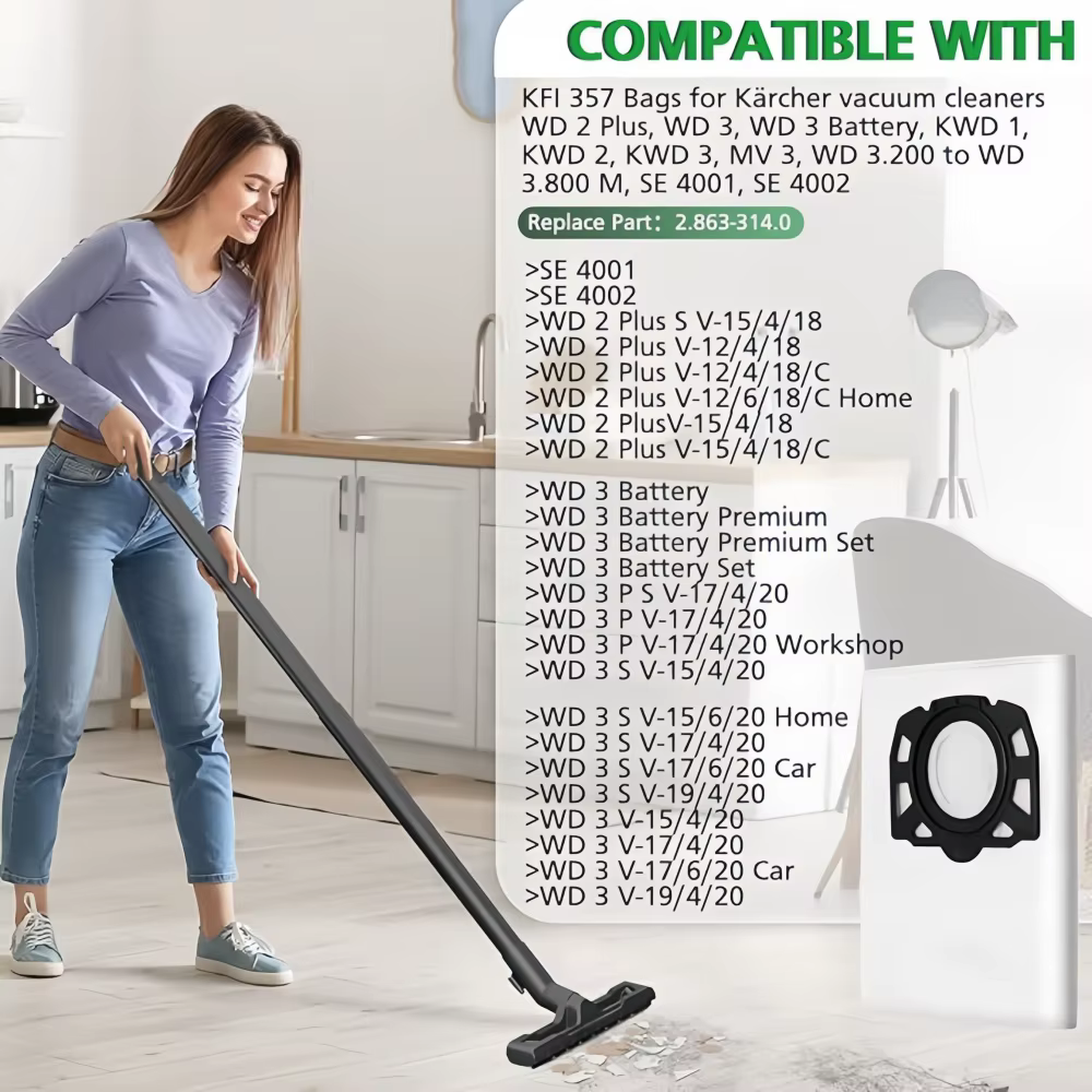 Kit de sacs à poussière compatible avec les aspirateurs robots Karcher WD2 Plus, WD 3, KWD 1, KWD 2, MV 3, SE 4001, SE 4002, pour nettoyage humide et sec