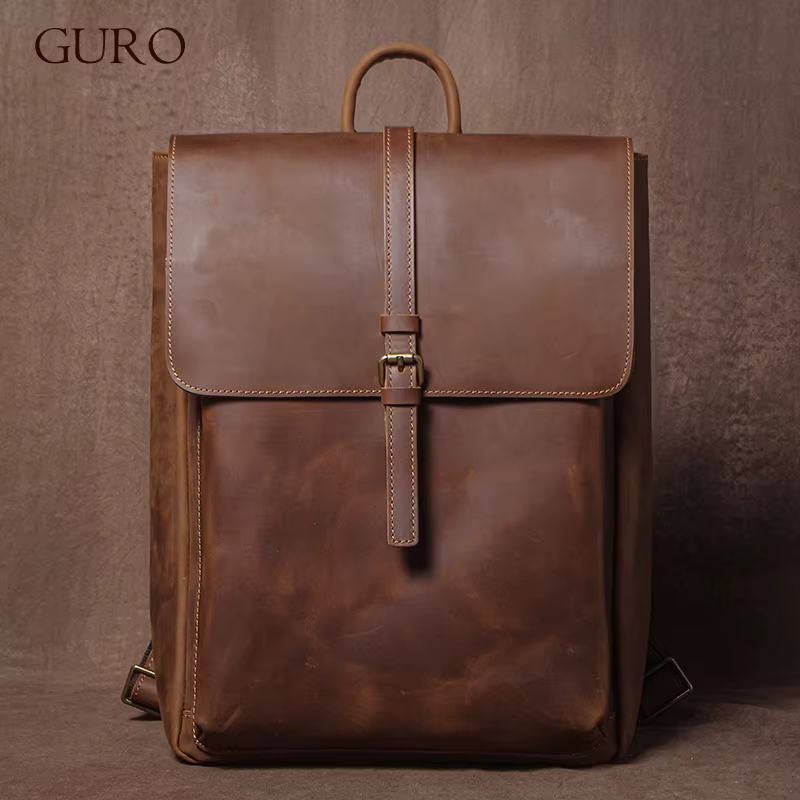 GURO – sac à dos rétro en cuir véritable pour hommes et femmes, sac de voyage à rabat Simple, en cuir de vache naturel, cartable de luxe, sacs à dos de banlieue quotidiens