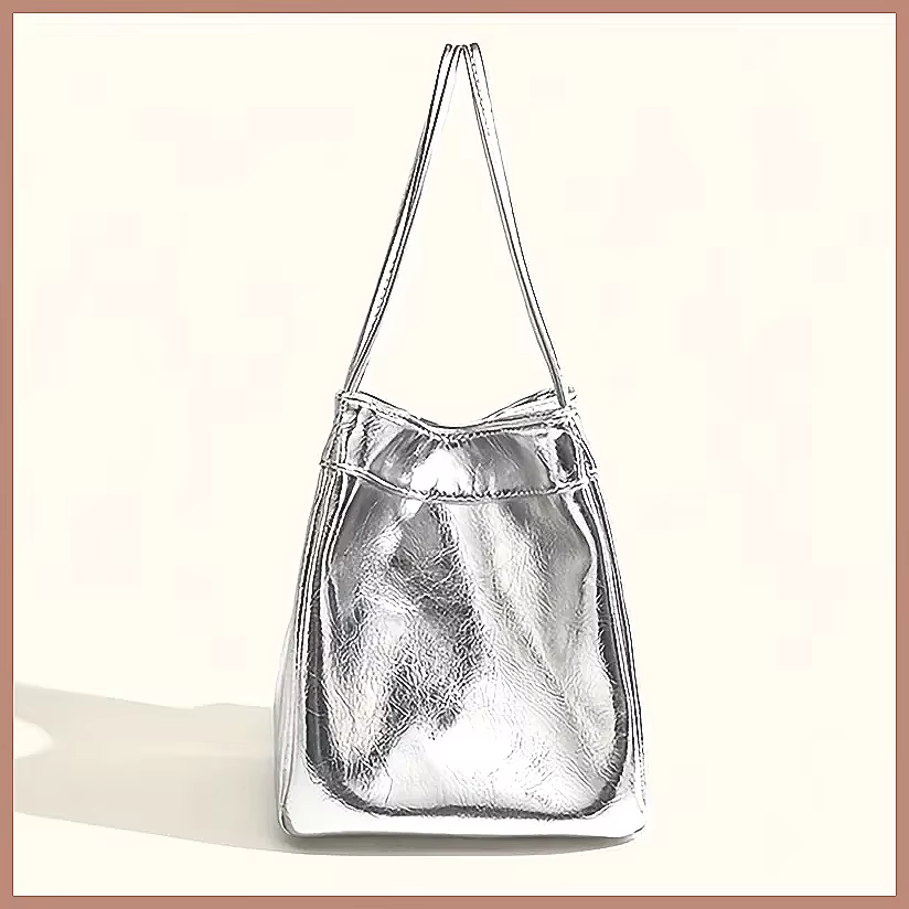 Mini sac seau argenté scintillant à cordon, sac à main à bandoulière scintillant en PU avec portefeuille pour femme