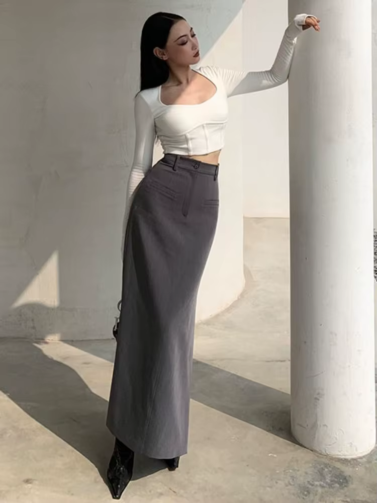 Jupes longues pour femmes, vêtements minimalistes, fente latérale, tempérament pur, élégant, Vintage, Sexy, rue, mode européenne, dames, tout-assorti