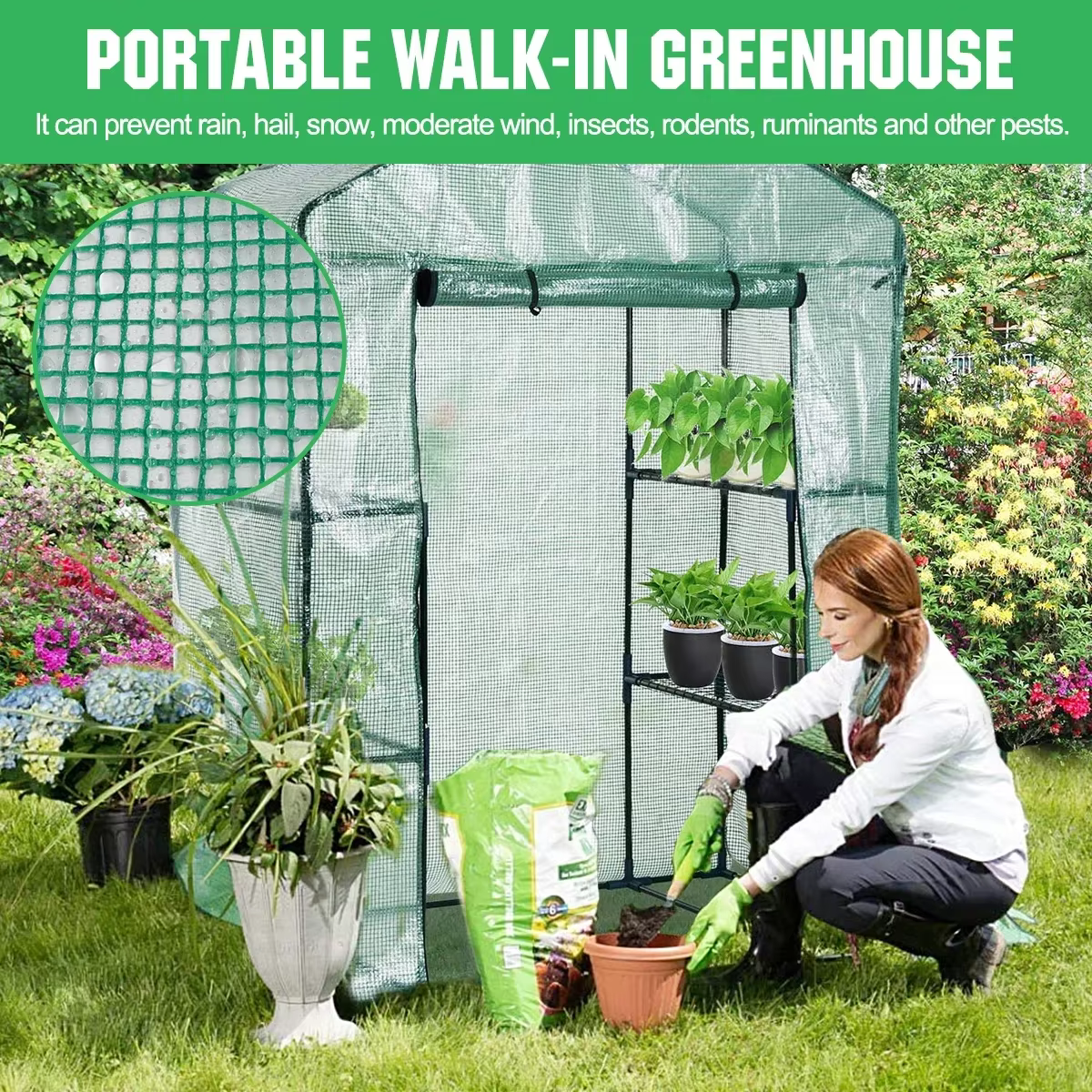 Serre portable avec porte, jardin de plantes, maison verte, grande maison de jardin, promenade en plein air, hiver et été
