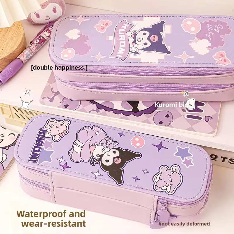 Trousse à crayons double compartiment inspirée de Kuromi, personnage d'anime Kawaii, pour marqueurs, gommes, règles - Vente en gros