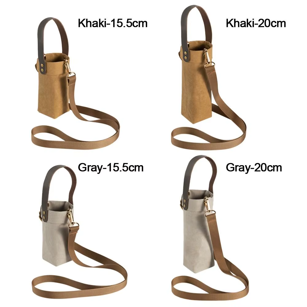 Sac de couverture de bouteille d'eau, pochette en papier Kraft lavable, porte-pochette d'eau, sangle d'épaule, sac isolant