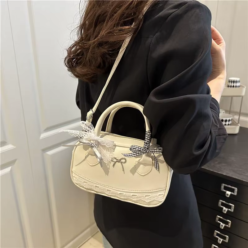 Sac à main Simple et élégant Boston, sac à bandoulière en dentelle avec nœud en ruban, petit sac carré décontracté pour femmes 