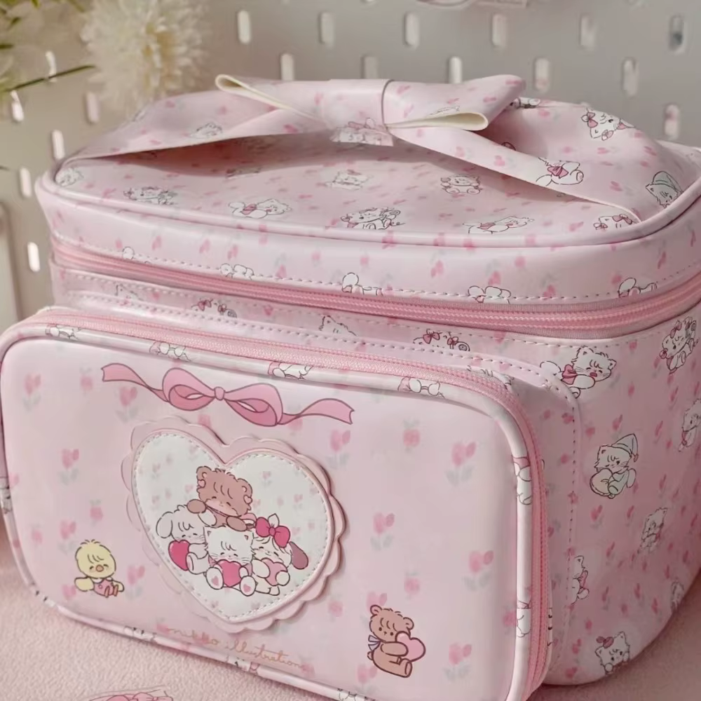 Kawaii Mikko Joint – sac à cosmétiques avec nœud Double couche, mignon cœur Girly, sac de rangement de grande capacité, sac à main cadeau pour filles, nouvelle collection 2023