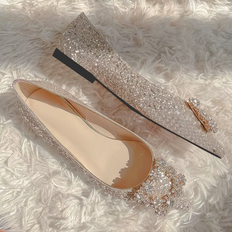 Mocassins à enfiler peu profonds scintillants pour femmes, chaussures de mariage, carré, cristal, pointu, Parker, appartements, confortables, Bling, Bling, 33-44