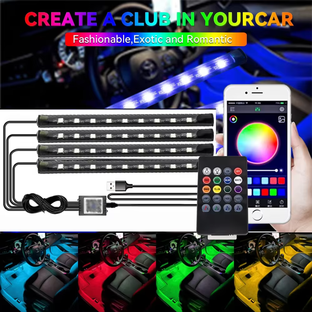 Lampe d'ambiance LED pour pied de voiture, avec télécommande sans fil USB, contrôle de la musique, plusieurs Modes, lumières décoratives intérieures automobiles