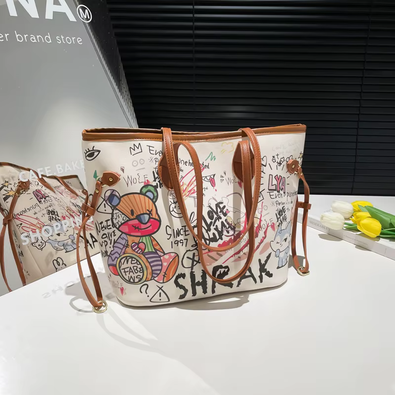 Sac fourre-tout Bear Doodle pour femme – Imprimé graffiti, grande capacité, sac à main polyvalent à bandoulière