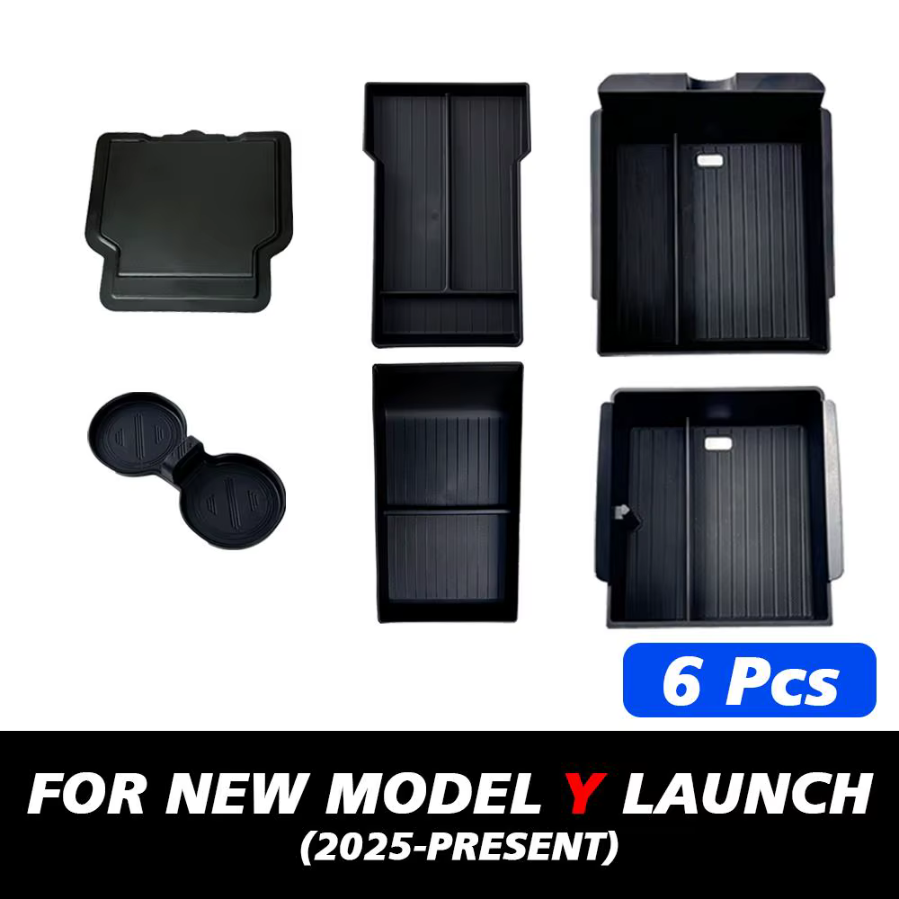 Pour Tesla Nouveau Modèle Y Launch Juniper : Tapis antidérapant en silicone ABS pour console et boîte de rangement d'accoudoir, avec porte-gobelets supérieur et inférieur