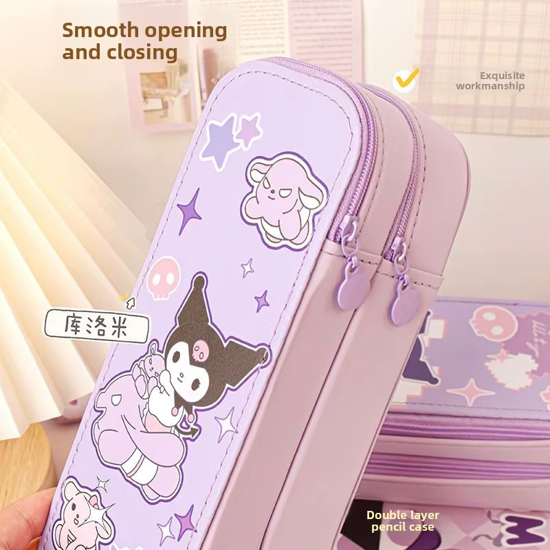 Trousse à crayons double compartiment inspirée de Kuromi, personnage d'anime Kawaii, pour marqueurs, gommes, règles - Vente en gros