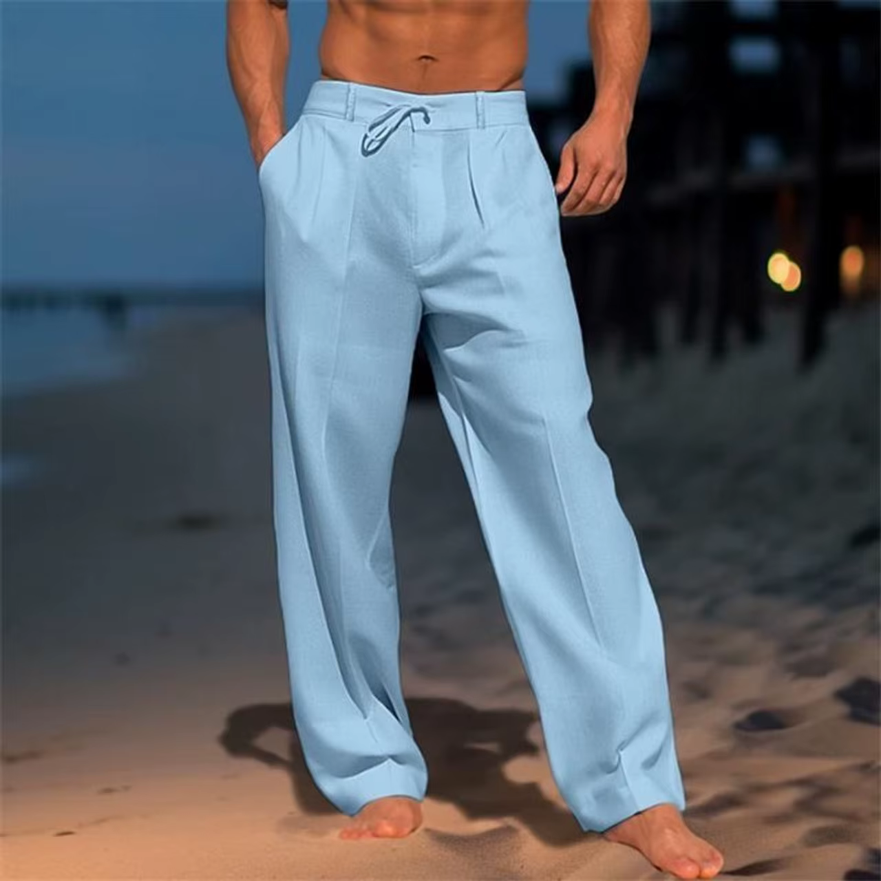 Pantalon en lin pour hommes, plage d'été, Style basique décontracté, vacances, coupe ample, respirant, usage quotidien, scène de plage, pantalon de costume approprié