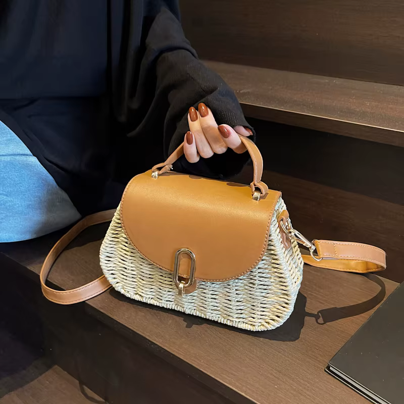 Sac de plage en paille et cuir PU