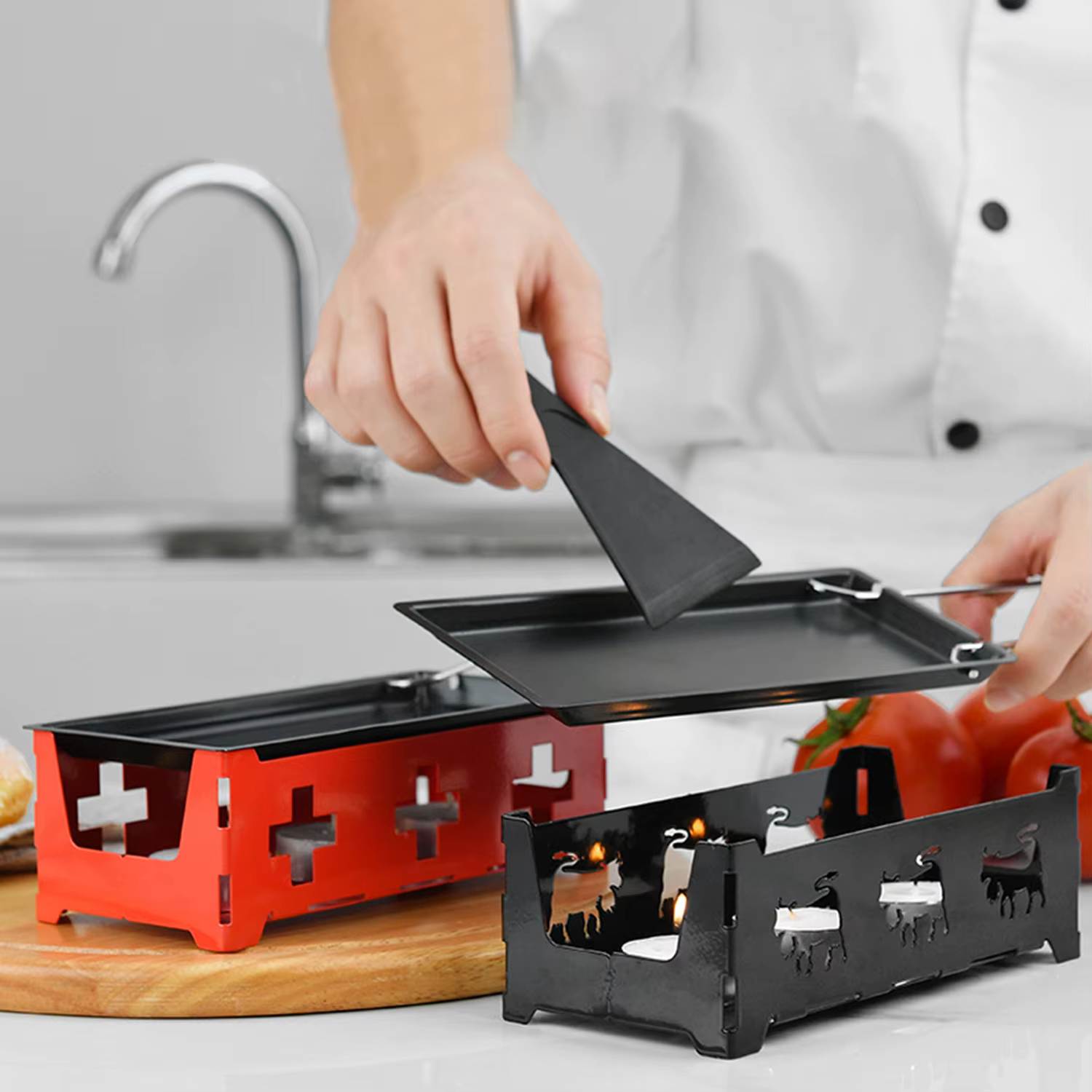Ensemble de gril à Raclette antiadhésif, poêle à fondre le fromage avec spatule, manche en bois pliable, Raclette à fromage fondu, cuisine en acier au carbone