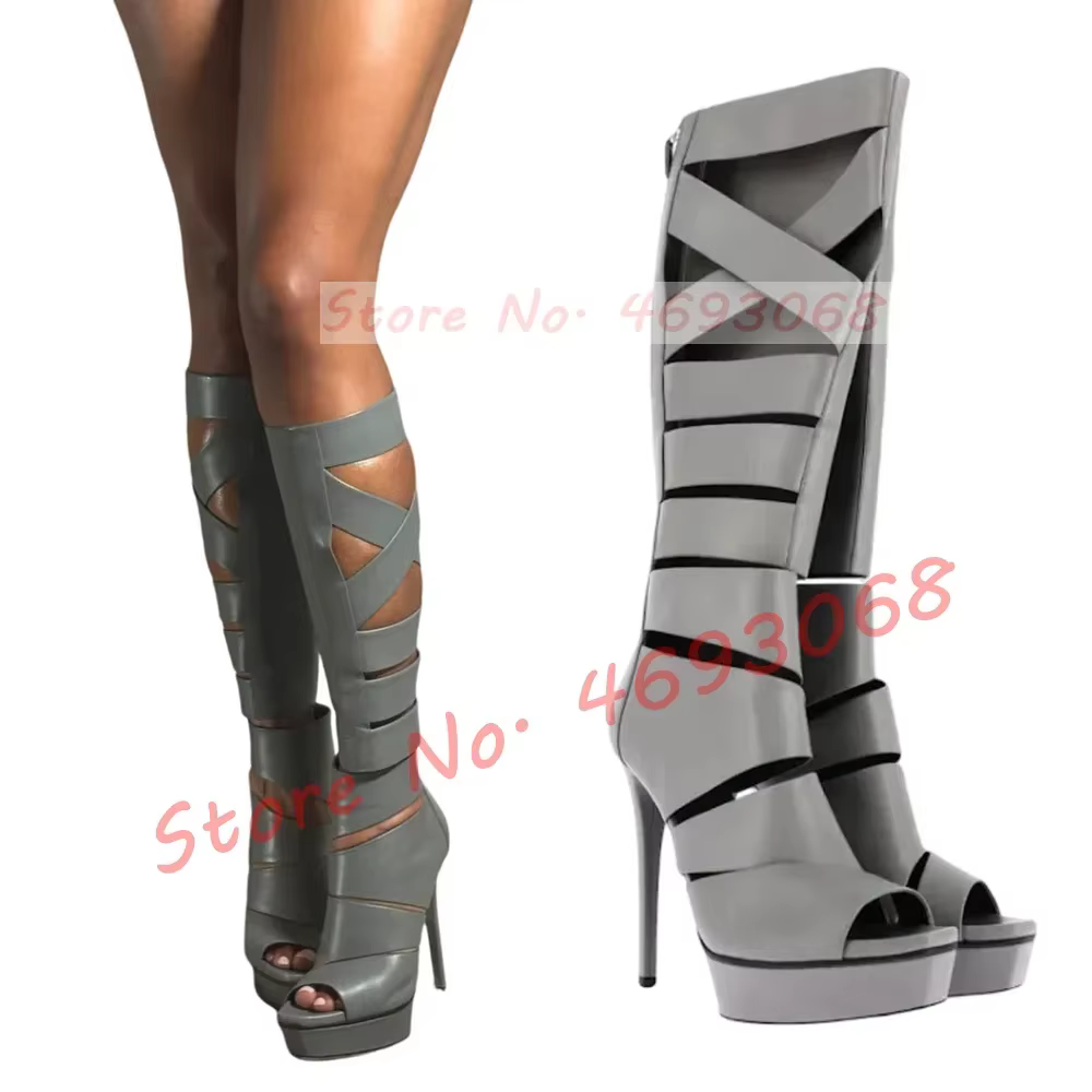 Sandales de gladiateur à plateforme grise pour femmes, bottes avec ceintures croisées, talons hauts, bout ouvert, mode Puttee, fermeture éclair au dos, chaussure haute au genou