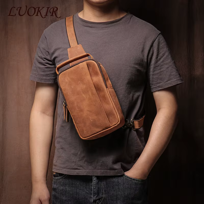 Sac de poitrine en cuir véritable pour homme
