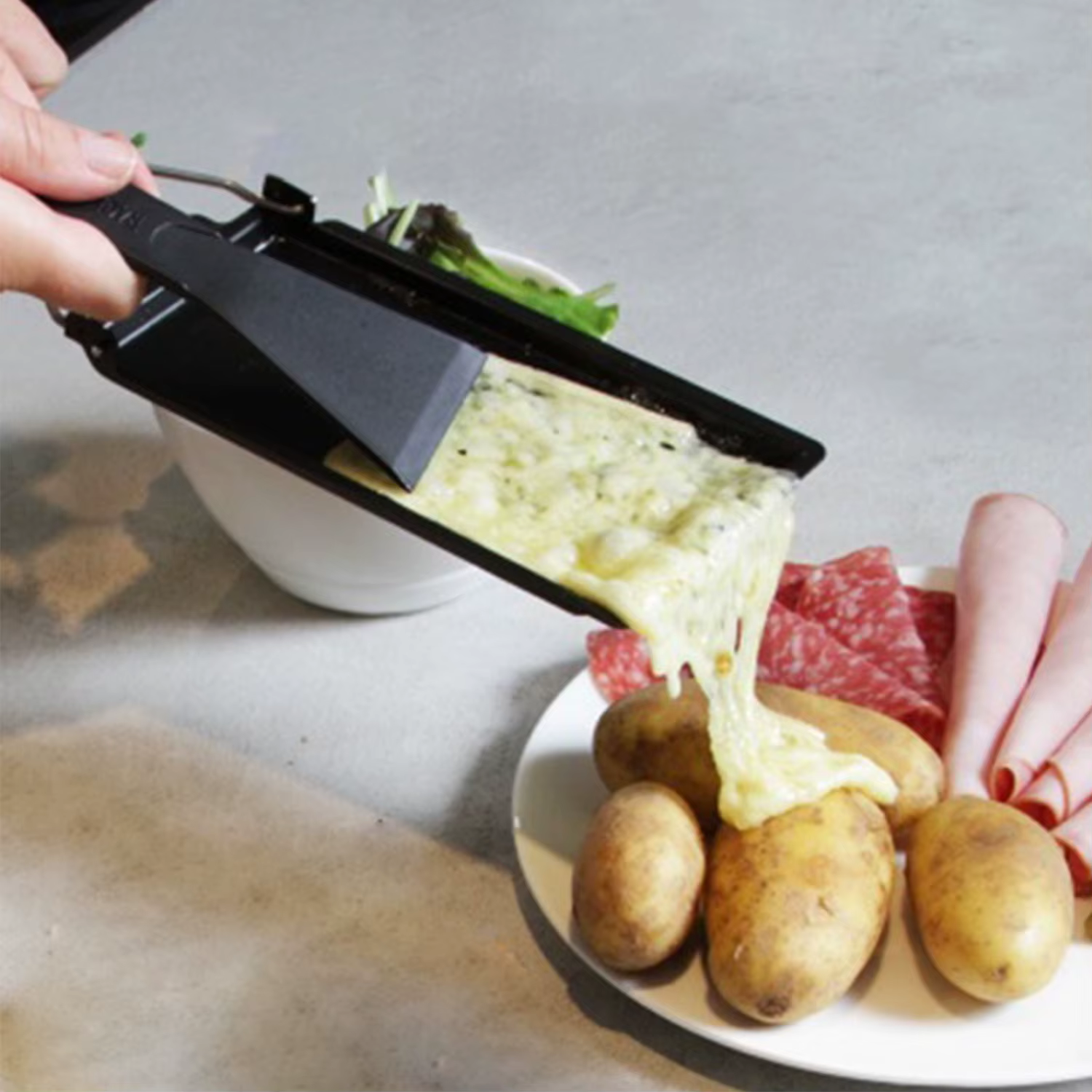 Ensemble de gril à Raclette antiadhésif, poêle à fondre le fromage avec spatule, manche en bois pliable, Raclette à fromage fondu, cuisine en acier au carbone