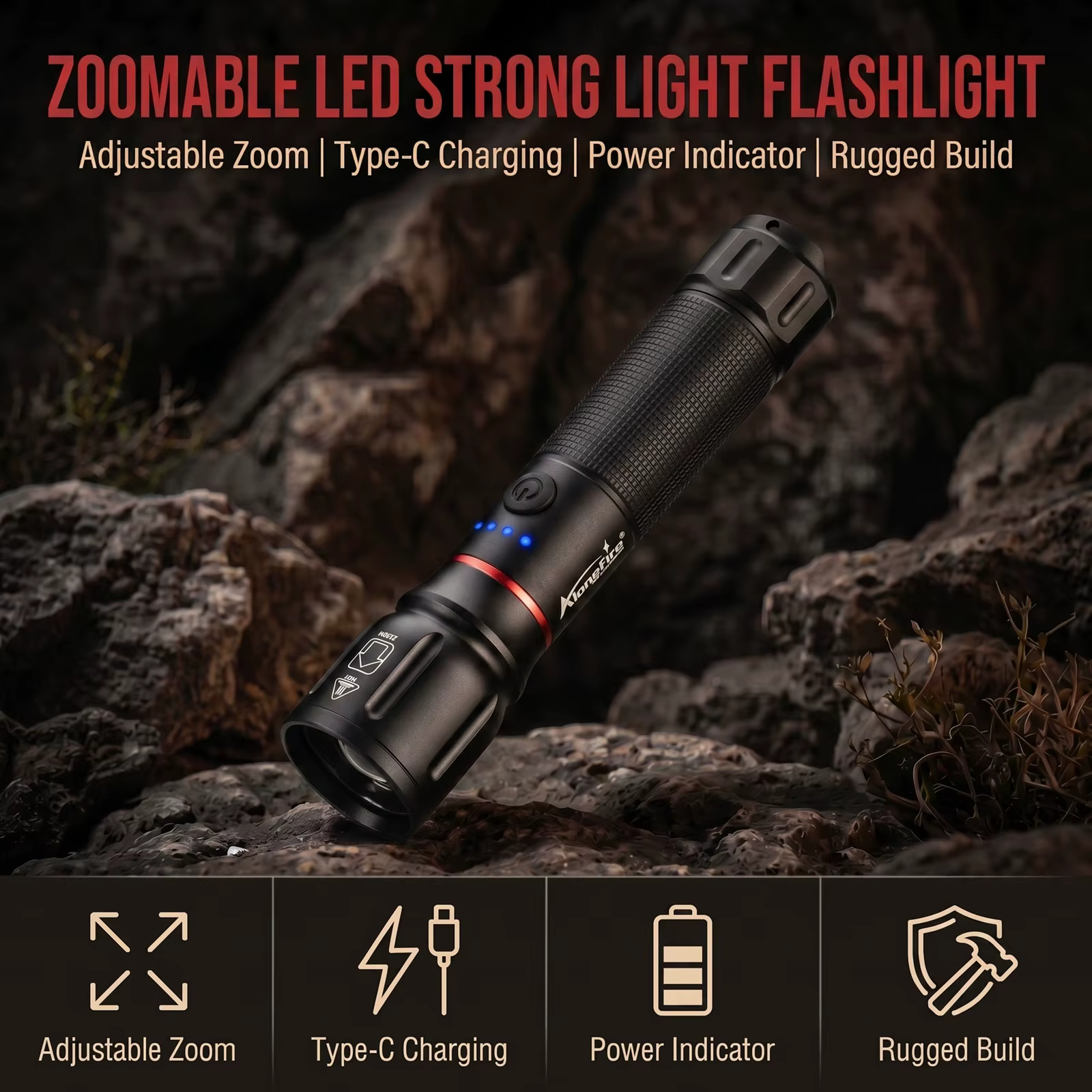 Lampe torche LED Alonefire Zoom Beam Light haute puissance, rechargeable par USB, pour le camping, la randonnée, la chasse, la pêche, l'éclairage extérieur