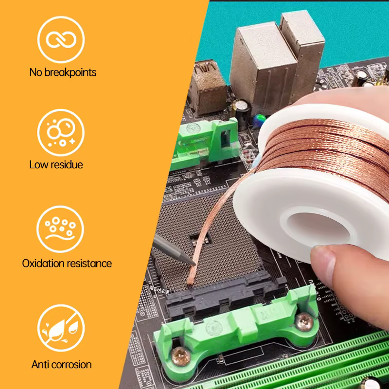 Mèche à souder tressée à dessouder revêtue de Flux, largeur 2/3/4mm, longueur 1.5M 3M 10M, cuivre de haute pureté pour réparation rapide de PCB BGA SMD