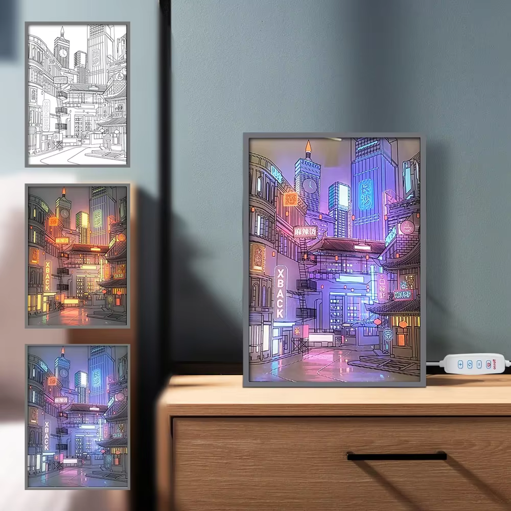 Lampe LED Anime Paysage Urbain Nocturne, Peinture Lumineuse HD à Cadre Fin, Prise USB, Intensité Réglable, Décoration Romantique pour la Maison