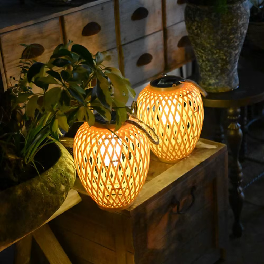 Lanterne solaire tissée en bambou, étanche, 600 mAh, lanterne chinoise, lumière LED décorative de jardin, lumière chaude