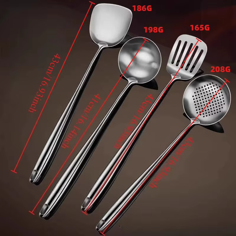 Ensemble d'ustensiles de cuisine en acier inoxydable pour wok : spatule, louche, cuillère écumoire, spatule ajourée, accessoires pour wok