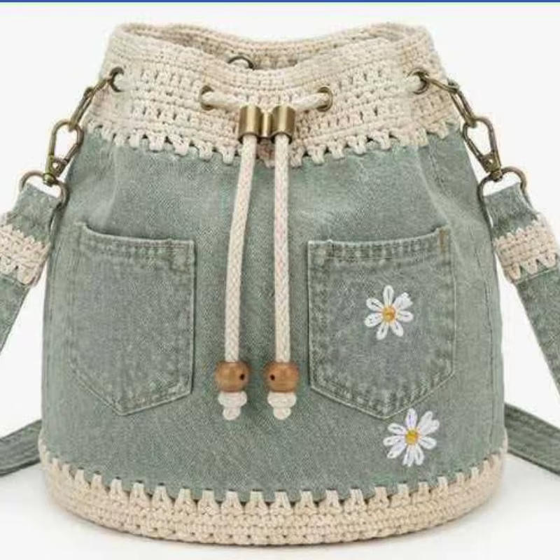 Sac seau en jean au crochet, tissé à la main, avec cordon de serrage, sac à main sous le bras, grand sac, style vintage, broderie florale, sac à bandoulière, Nouveauté 2026