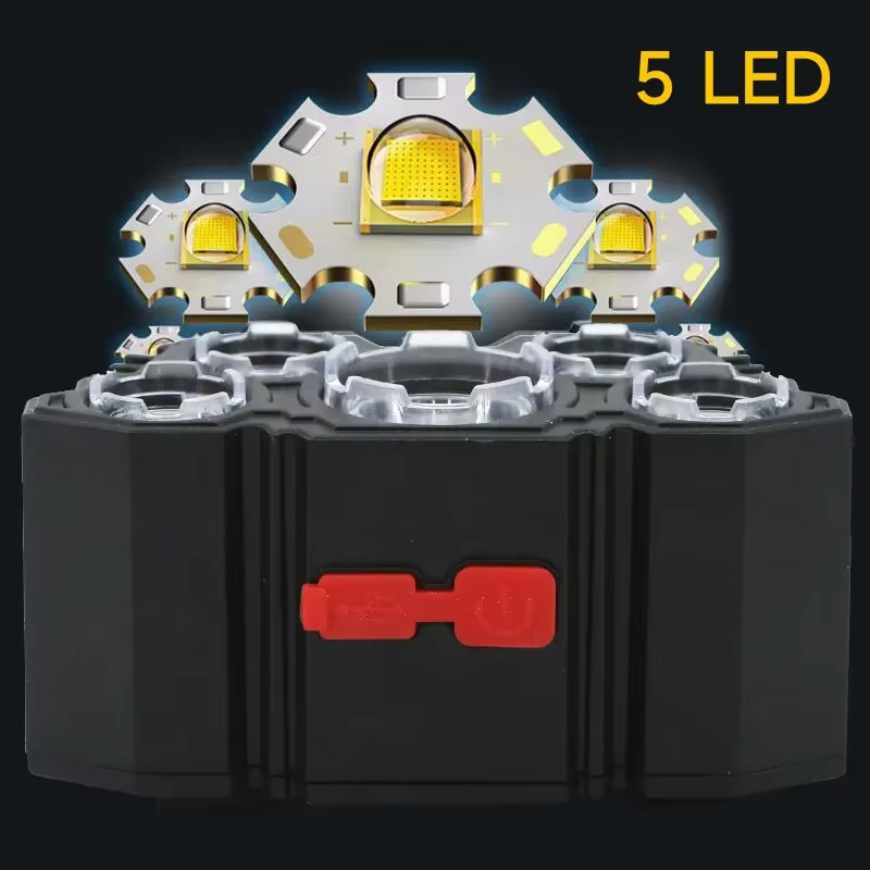 Lampe frontale rechargeable à 5 LED, lumière forte, batterie 18650 intégrée pour Camping, aventure, pêche, mise au point réglable, tête étanche