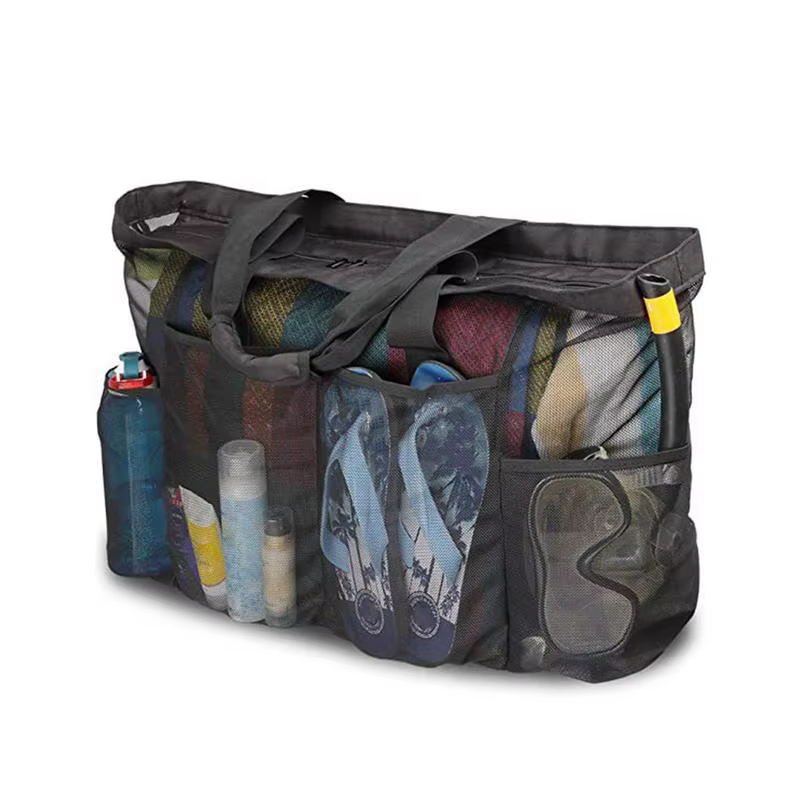 Respzed-Fourre-tout de plage avec poches en maille, grand sac fourre-tout de plage, sac de serviette de plage en nylon, fermeture éclair externe, 8 poches