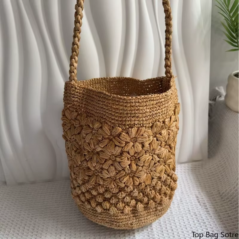 Sac seau en raphia au crochet pour femme, fait main, style bohème rétro français, avec poignée supérieure, idéal pour l'été et les vacances à la plage