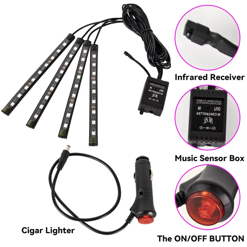 Lampe d'ambiance LED pour pied de voiture, avec télécommande sans fil USB, contrôle de la musique, plusieurs Modes, lumières décoratives intérieures automobiles