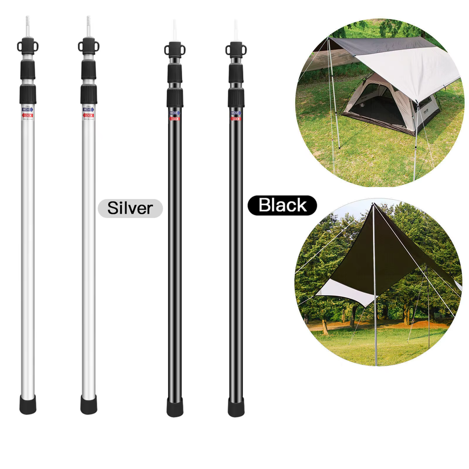 Poteaux de tente télescopiques en aluminium de 2,3 m de haut (lot de 2) – Barres de tente portables et réglables pour abri solaire, auvent et bâche