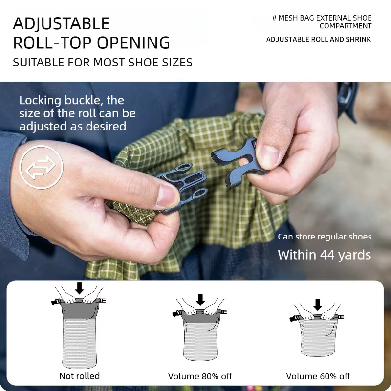 Sac à chaussures Dyneema à enroulement en maille pour fixation externe