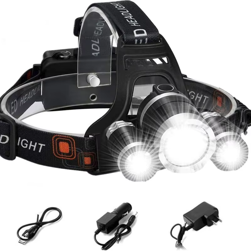 Lampe frontale LED à trois têtes de style avion : mise au point fixe