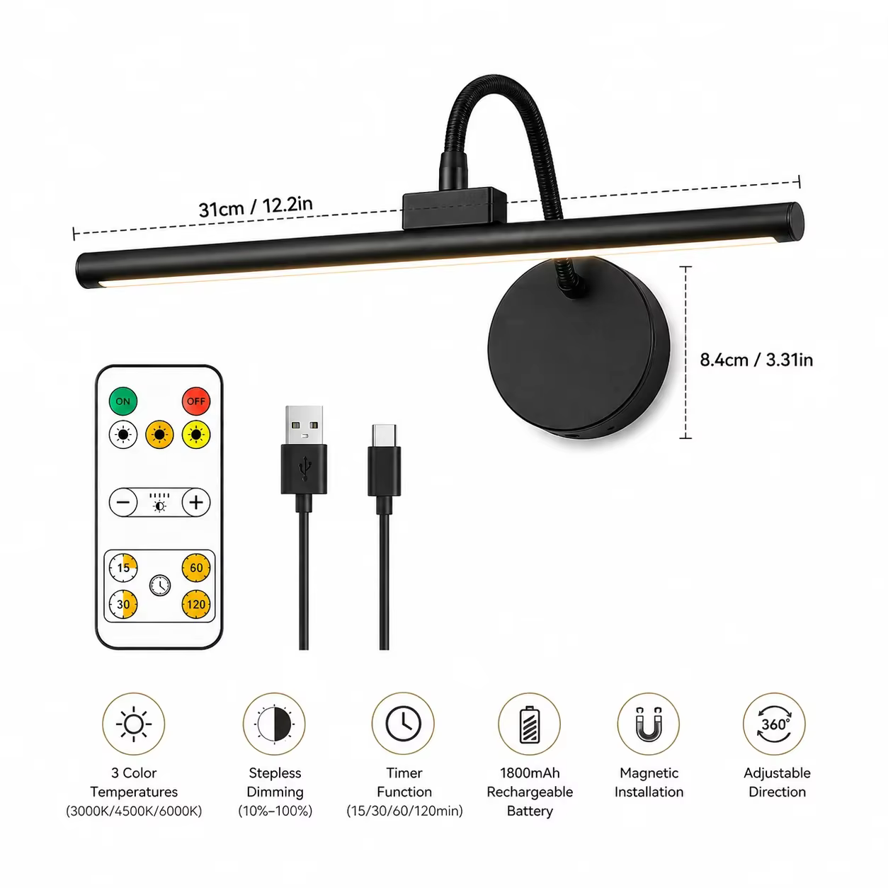 Lampe à LED sans fil pour tableau avec télécommande, 360° °   Lampe murale magnétique réglable, rechargeable par USB, éclairage à 3 couleurs réglables