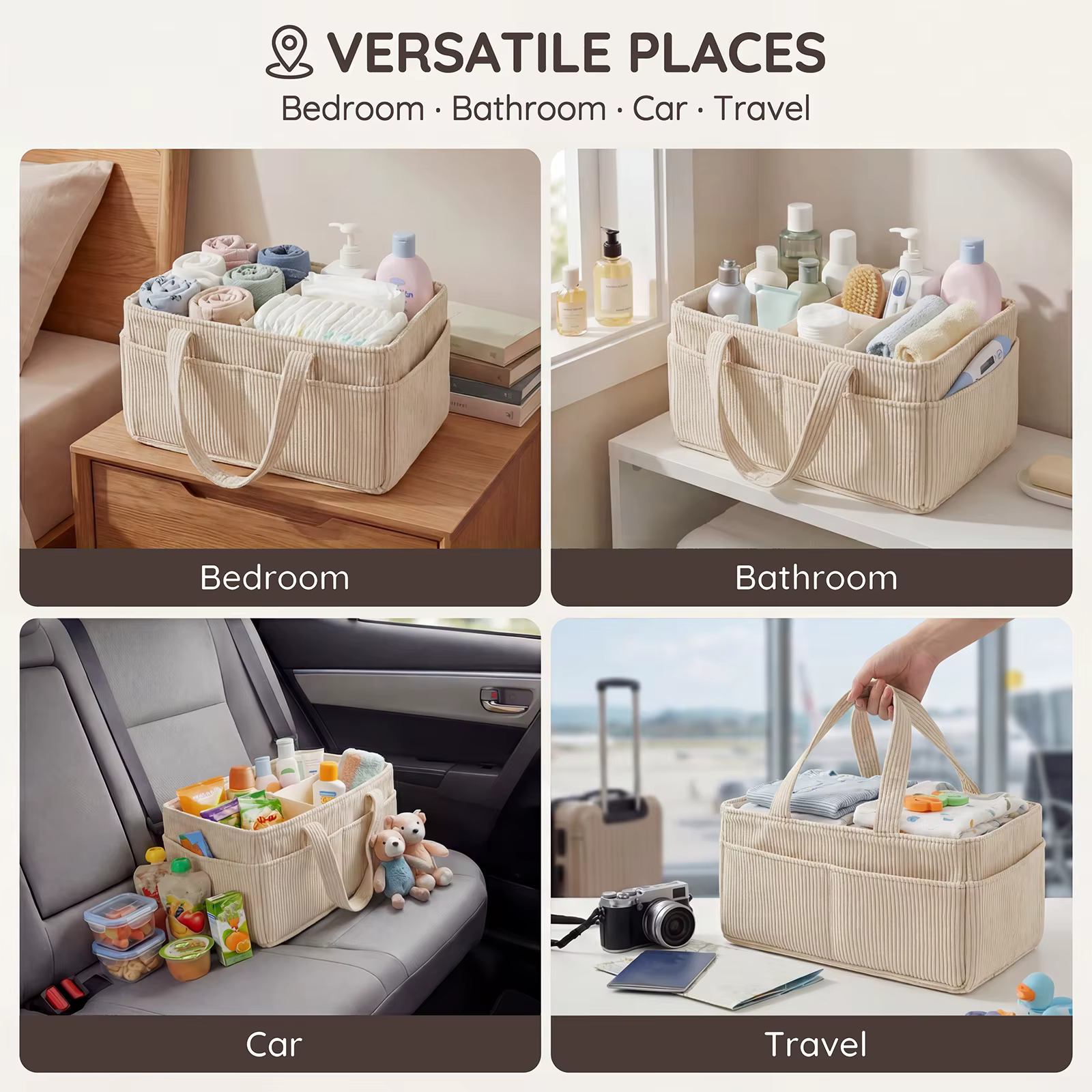 Organisateur de couches pour bébé en velours côtelé, panier de rangement pour couches avec poignée, pliable, multi-poches, sac portable pour maman et nouveau-né